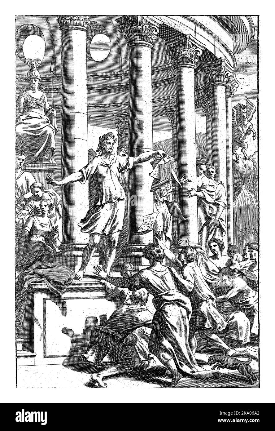 Vor einem runden Tempel steht ein Mann auf einem Sockel und wirft Blätter Papier auf eine Gruppe von Menschen, die eifrig auf sie zueilen. Stockfoto