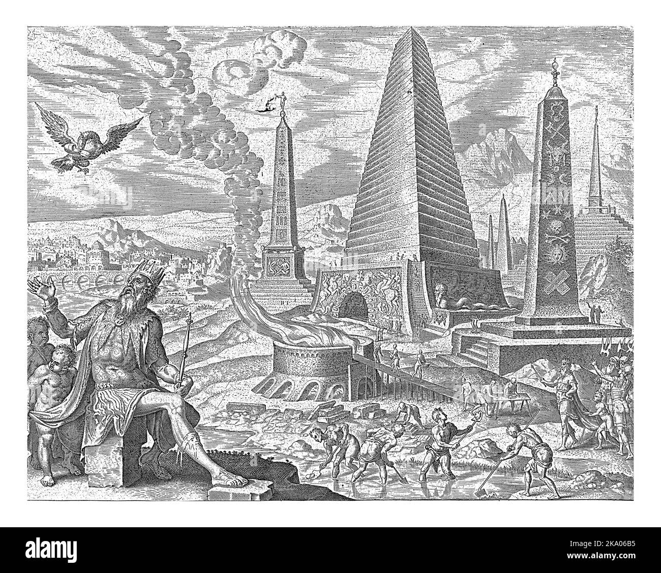 Im Hintergrund ägyptische Pyramiden und Obelisken. Sklaven schöpfen Ton aus dem Fluss, der dann zu Ziegeln für den Bau in einem feurigen Furnac gebacken wird Stockfoto