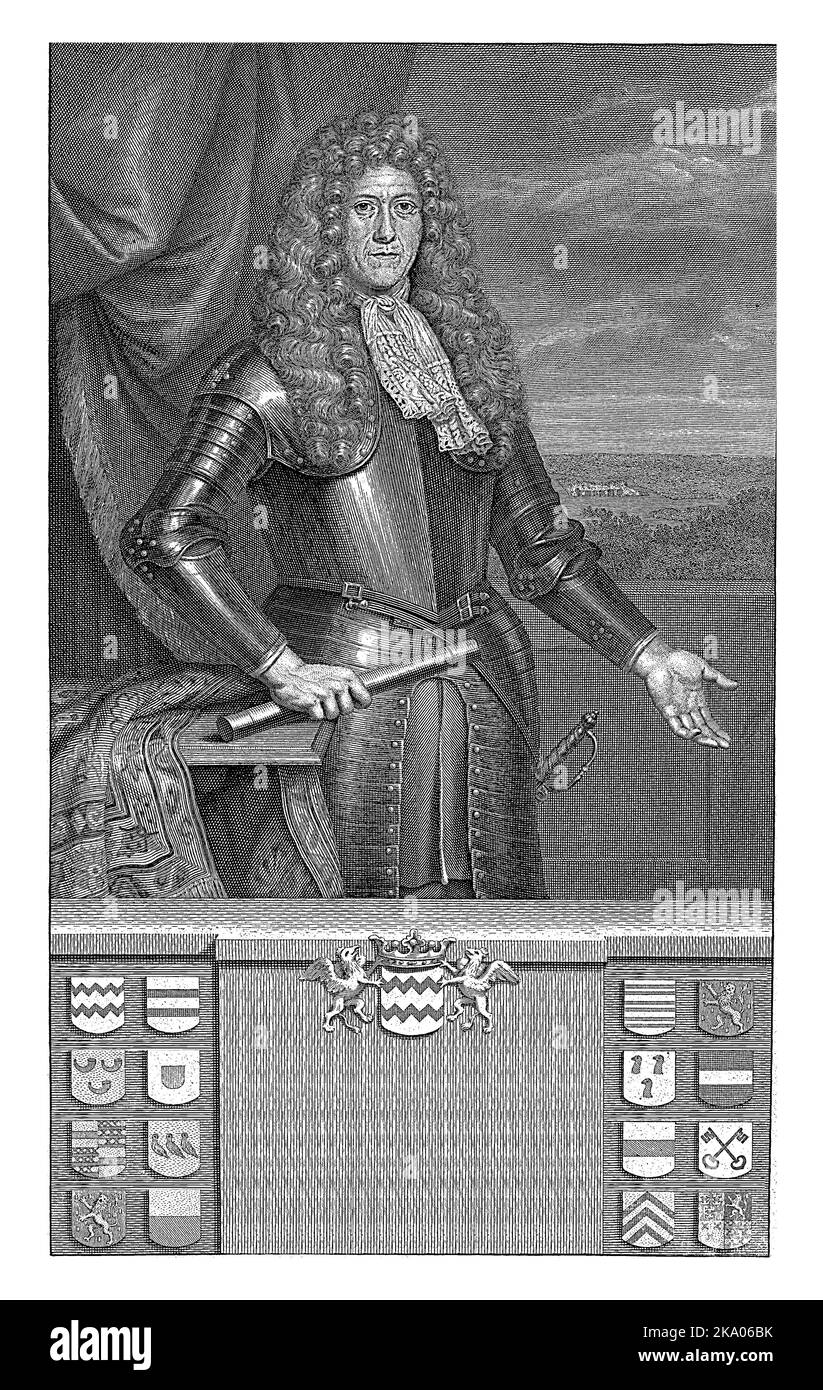 Hendrik Adriaan van Rheede tot Drakestein, Herr von Mijdrecht, Militär- und Verwaltungsoffizier beim V.O.C, in Rüstung gekleidet. Im Hintergrund ein Stockfoto