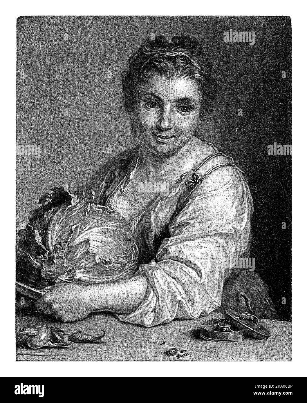 Junge Frau mit Kohl, Bernard Picart, nach Jean-Baptiste Santerre, 1701 Stockfoto