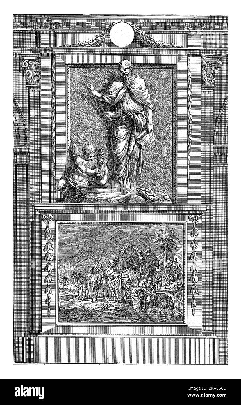 Apostel Philippus, Jan Luyken, nach Jan Goeree, 1698 der Apostel Philipp macht eine Geste des Segens über die Taufe eines Engels. Stockfoto