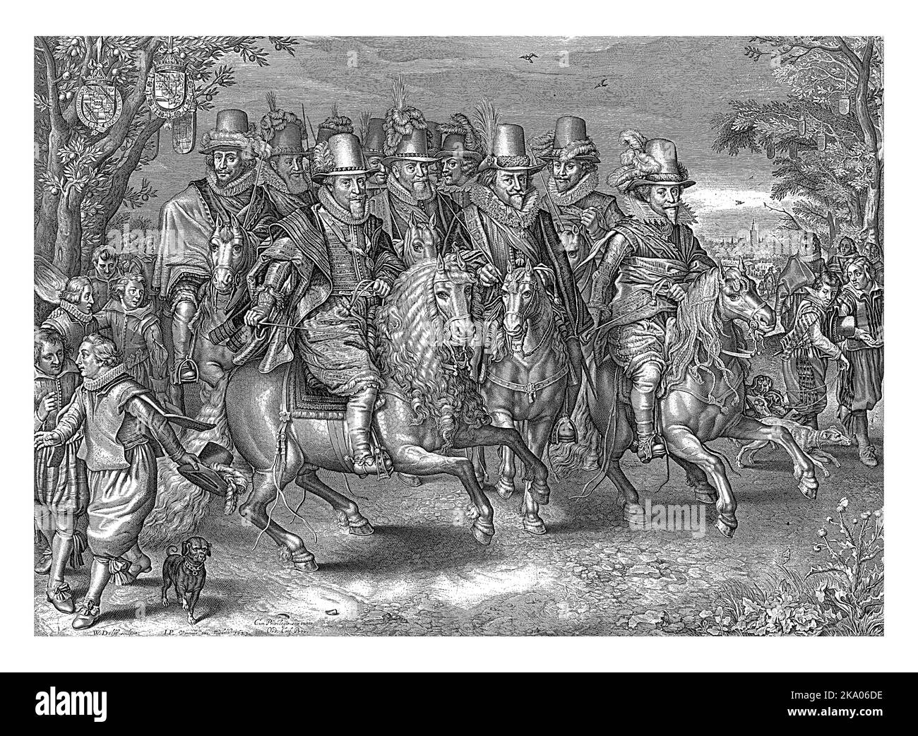 Reiterprozession der sechs Fürsten des Hauses Oranien-Nassau, Willem Jacobsz. Delff, nach Adriaen Pietersz. Van de Venne, 1621 die sechs prin Stockfoto