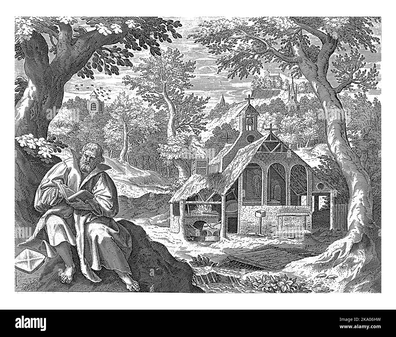 St. Apellen von Genf, die eine bibel lesen, unter einem Baum sitzen. Im Hintergrund eine Holzkirche, auf der eine Schmiede gebaut wurde. Stockfoto