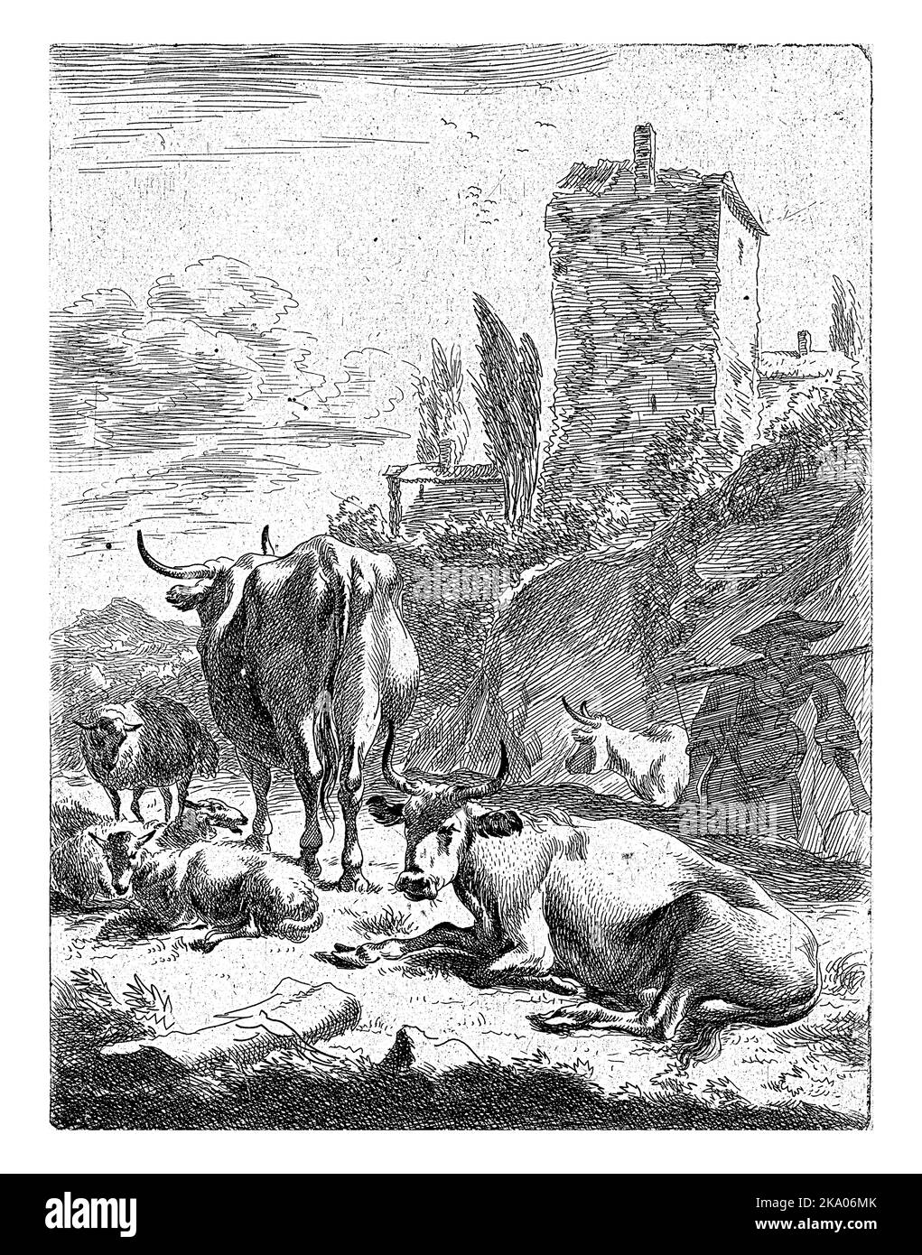 Herde in der Landschaft mit einem Turm, Jan de Visscher, nach Nicolaes Pietersz. Berchem, 1643 - 1692 in einer hügeligen Landschaft steht eine Herde Kühe und Shee Stockfoto
