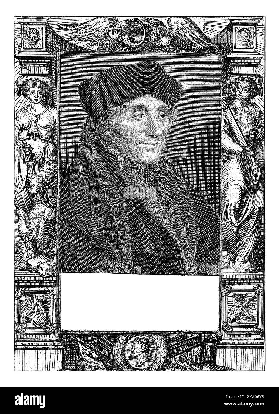 Drucken Sie von zwei Platten gedruckt. Büste von Desiderius Erasmus. Unterhalb der Aufführung ein Vers von acht Zeilen auf Niederländisch. Rahmen mit allegorischen Figuren und s Stockfoto