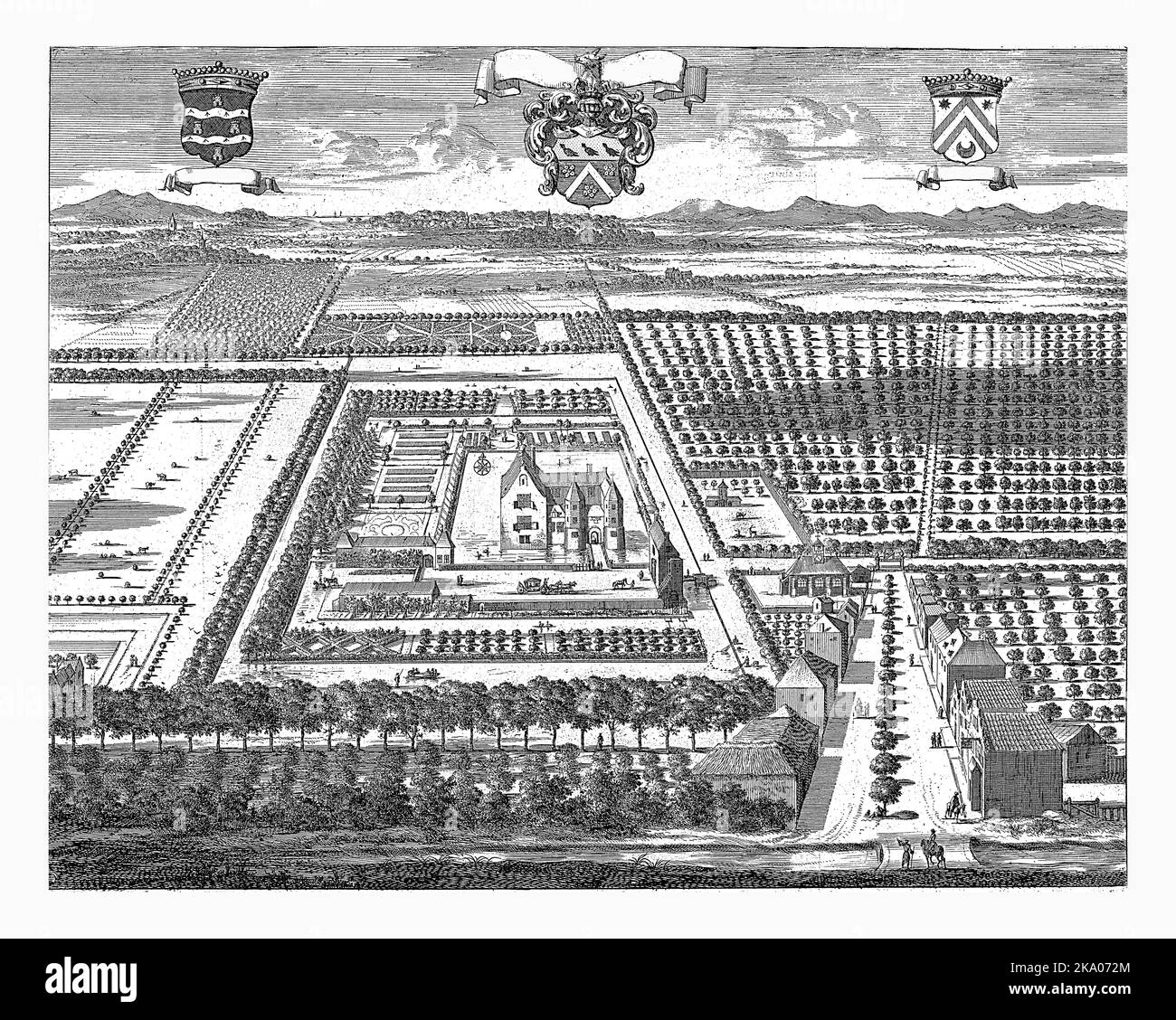Ansicht von Schloss Popkensburg, Jan Luyken, 1696 Eine Vogelansicht von Schloss Popkensburg in Sint Laurens auf Walcheren. In der Mitte die Burg, um sie herum Stockfoto