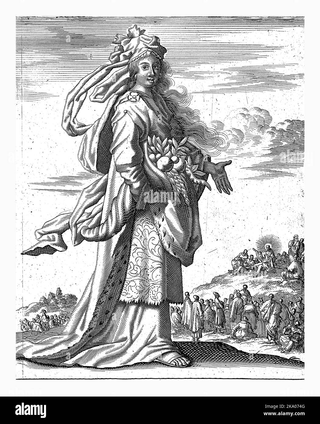 Delfian Sibyl, Jan Luyken, 1684 Delfian Sibyl. Im Hintergrund eine Darstellung der Bergpredigt. Drucken markiert oben rechts: Seite: 675. Stockfoto