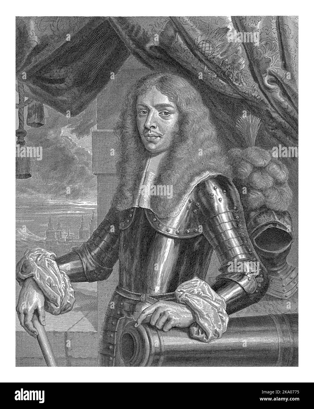 Porträt des Monarchen und Bischofs in Rüstung mit Befehlsstab und Kanon. Sein Helm ist hinten rechts. Durch das offene Windo kann man eine Burg sehen Stockfoto