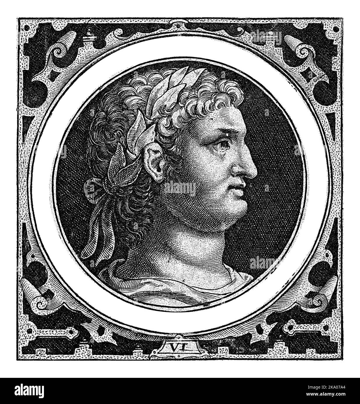 Porträt mit Büste von Kaiser Nero auf Medaillon im rechteckigen Rahmen mit Ornamenten. Am Rand des Medaillons Titel und Name des Imperators. Stockfoto