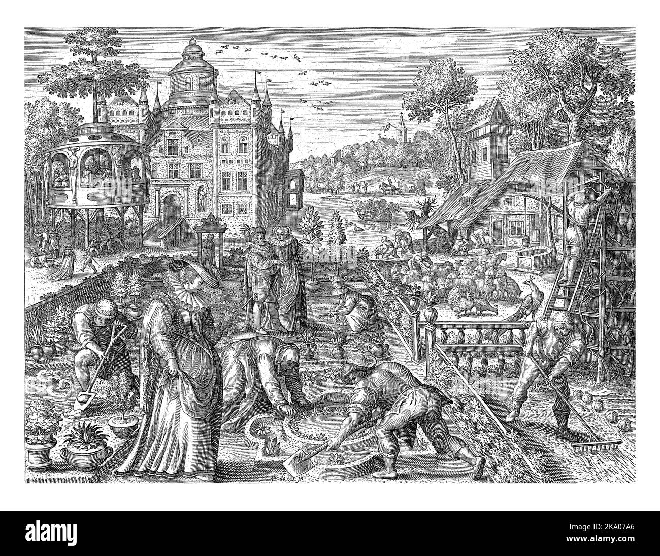 Spring, Nicolaes de Bruyn, nach Maerten de Vos, c. 1600 Schlossgarten mit Frühlingsaktivitäten: Beschneiden und Rechen im Garten und Scheren von Schafen Stockfoto