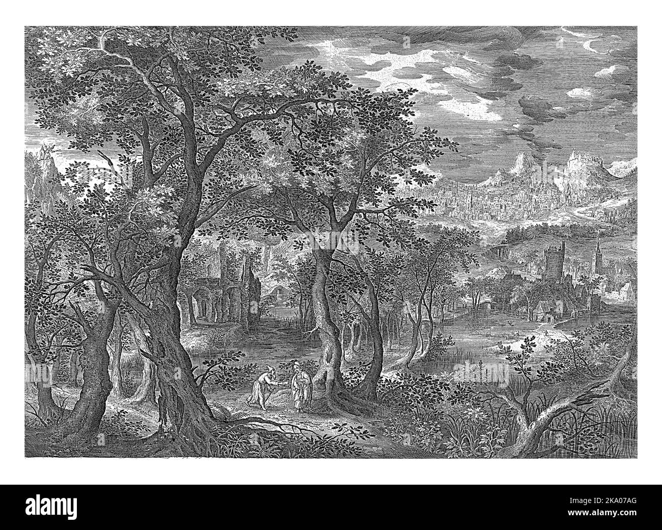 Berglandschaft mit der Versuchung Christi, Jan van Londerseel, nach David Vinckboons (I), 1601 - 1702 Berglandschaft mit Christus und dem d Stockfoto