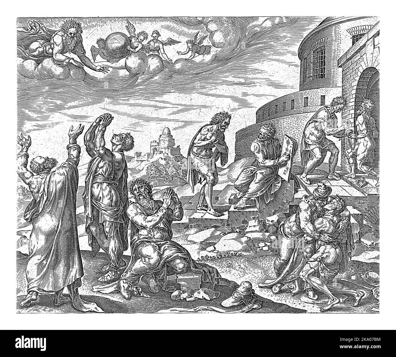 Vergib uns unsere Schulden, denn wir haben auch denen vergeben, die uns etwas Schulden, Johannes Wierix, nach Maarten van Heemskerck, 1569 - 1573 Männer bitten um Vergebung Stockfoto Vergib uns unsere Schulden, denn wir haben auch denen vergeben, die uns etwas Schulden, Johannes Wierix, nach Maarten van Heemskerck, 1569 - 1573 Männer bitten um Vergebung Stockfoto