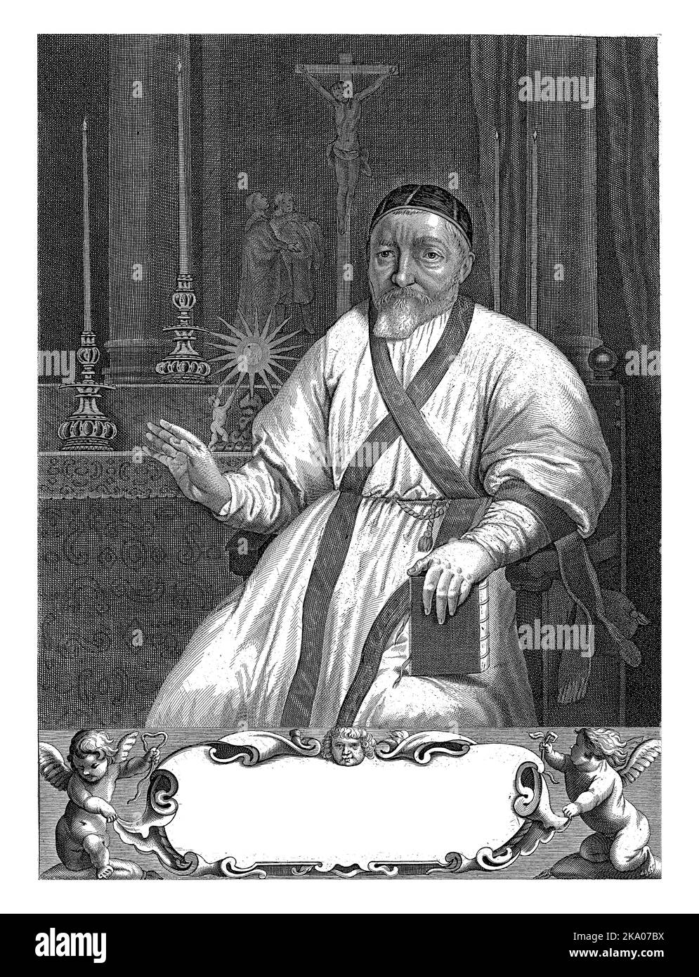 Porträt des Amsterdamer Theologen und Priesters Leonard Marius van der Goes, sitzend auf einem Stuhl. Er trägt die priesterlichen Gewänder mit einer Totenkopfkappe auf seiner Luftröhre Stockfoto
