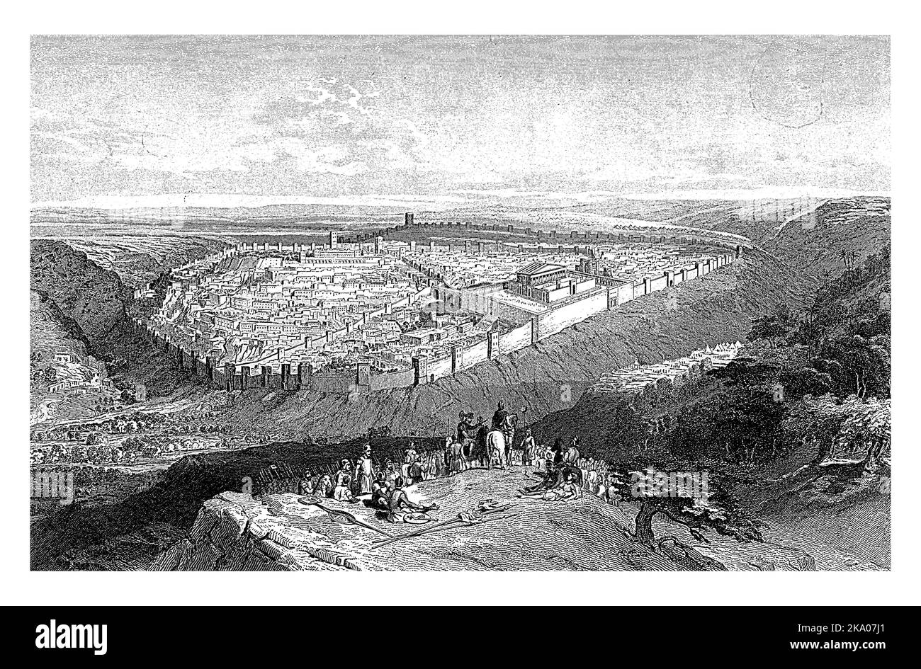 Ansicht der ummauerten Stadt Jerusalem im Jahr 70 n. Chr. Die Stadt ist von Bergen umgeben. Eine Gruppe von Soldaten ist vorne zu sehen. Stockfoto