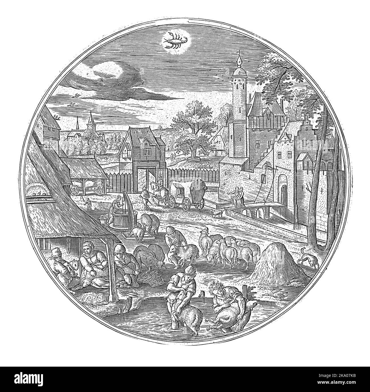 Runder Rahmen mit Stadtbild und Sommerszenen. Juni ist der Monat der Rasur. Der Fokus liegt auf dem Waschen und Scheren der Schafe und dem Sortieren ihrer Wolle. Stockfoto