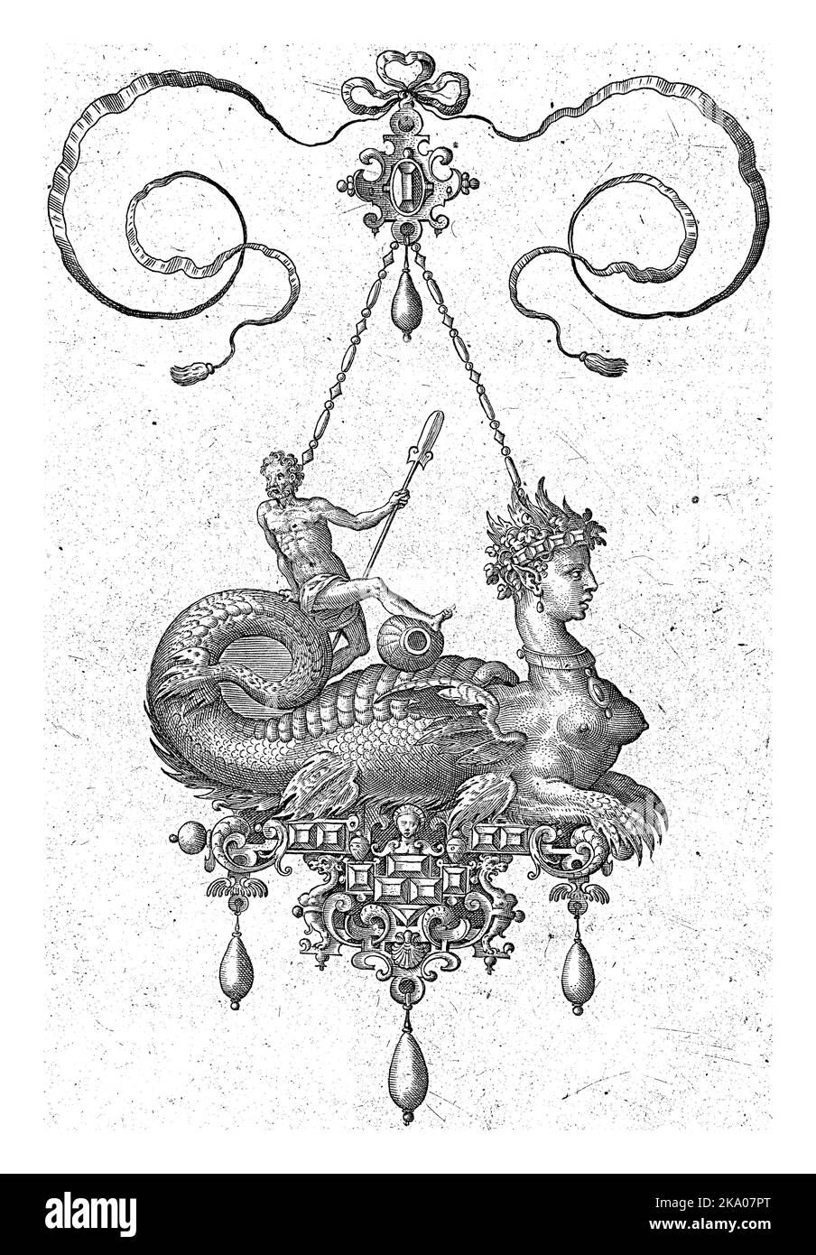 Der Unterkörper der Sphinx wurde durch den Rumpf und Schwanz eines Fisches ersetzt. Auf dem Schwanz ist ein Mann mit einem Ruder. Eines von 7 teilweise nummerierten Blättern aus Stockfoto