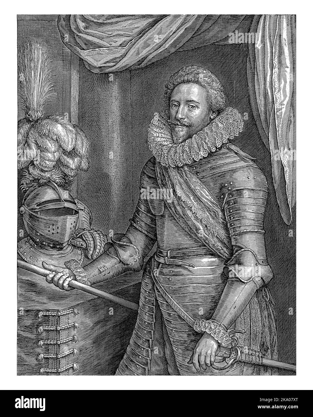Porträt von Frederik Hendrik, Prinz von Oranien-Nassau, Jacob Matham, nach Michiel Jansz van Mierevelt, 1610 Kniestück von Frederik Hendrik, Prinz von Stockfoto