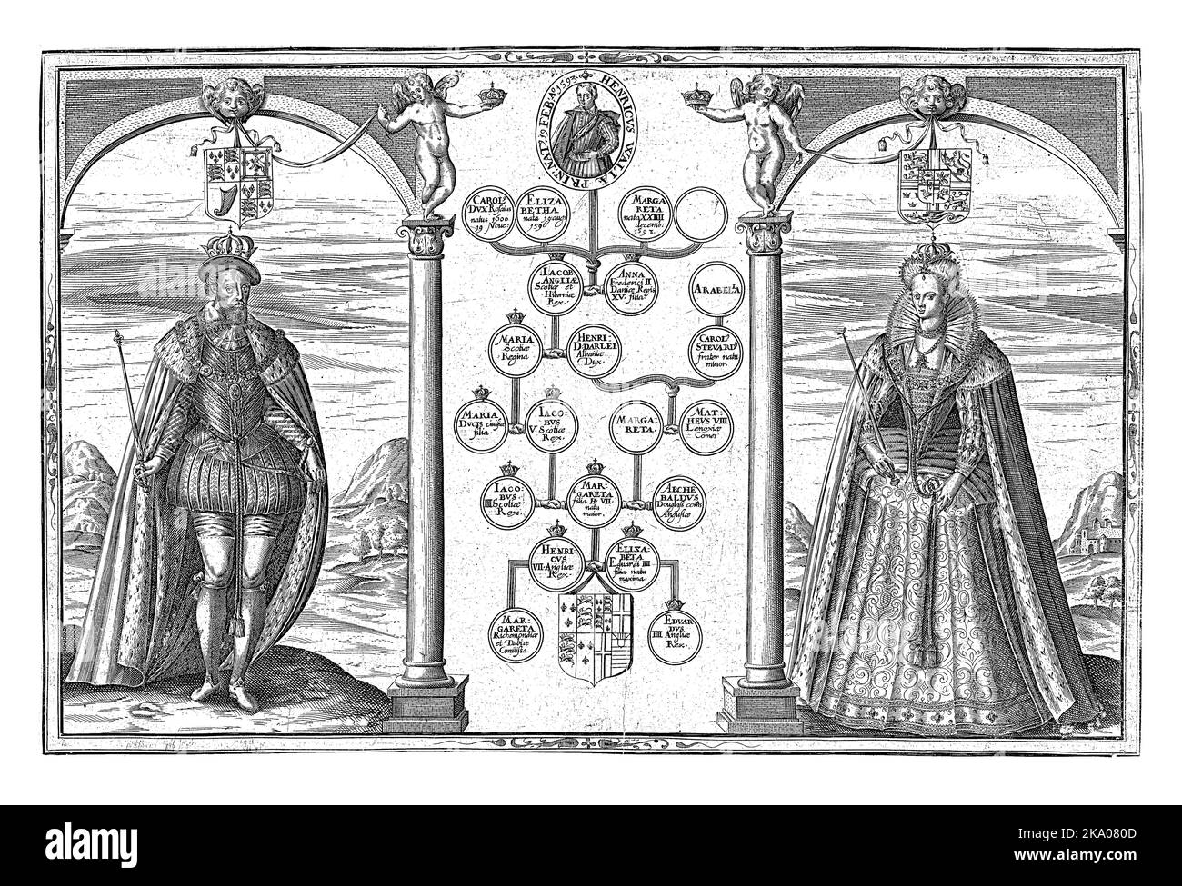 Porträts von James I., König von England und seiner Gemahlin Anna von Dänemark, die auf beiden Seiten ihres Stammbaums stand, Nicolaes de Bruyn, 1593 Porträts Stockfoto