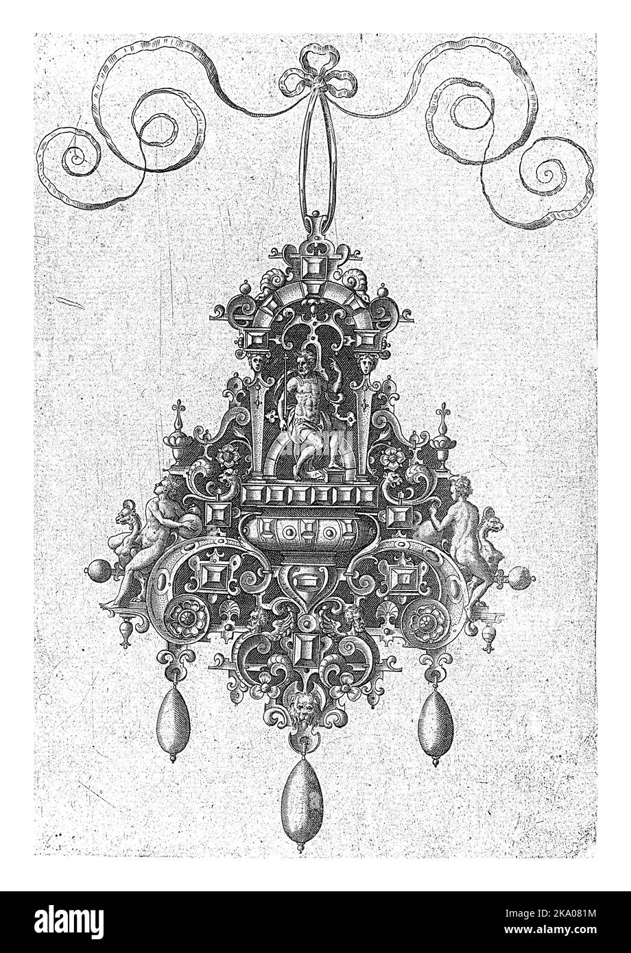 An der Spitze des Anhängers, unter einem Bogen, ist eine Gottheit in Rüstung. nein 4 aus einer Serie von 10 Blättern mit Fronten von Kleiderbügeln. Edelsteine in der Umgebung von Grote Stockfoto