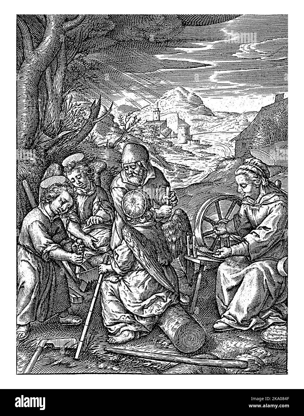 Christkind sägt einen Baumstamm, Hieronymus Wierix, 1563 - vor 1619 sägt das Christkind, unterstützt von zwei Engeln, einen Baumstamm in Stücke. Seine Tatsachen Stockfoto