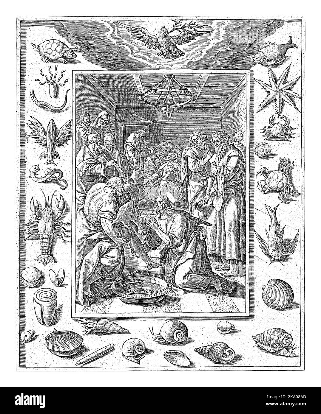 Fußwaschung von Petrus, Crispijn van de Passe (I), nach Maerten de Vos, 1580 - 1588 Christus wäscht die Füße des Apostels Petrus. Die Szene ist gerahmt b Stockfoto