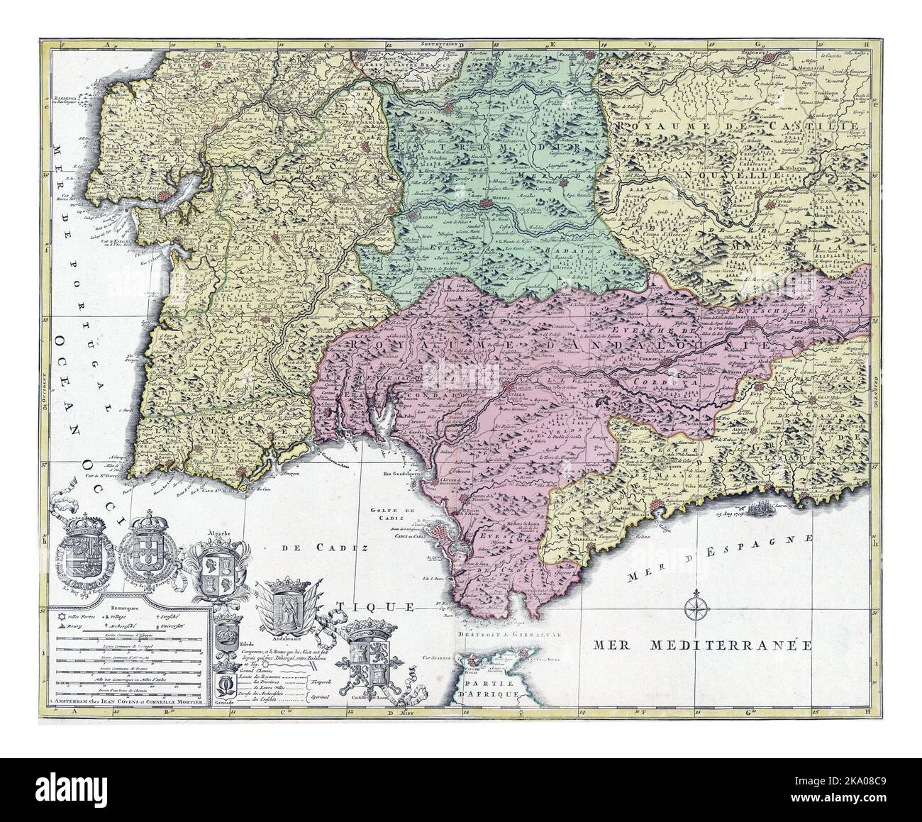 Karte des Südens von Spanien und Portugal, Jan Luyken (möglicherweise), 1720 - 1772 Karte mit einem Teil von Portugal und der spanischen Südküste. Teil (Blattunterseite Stockfoto