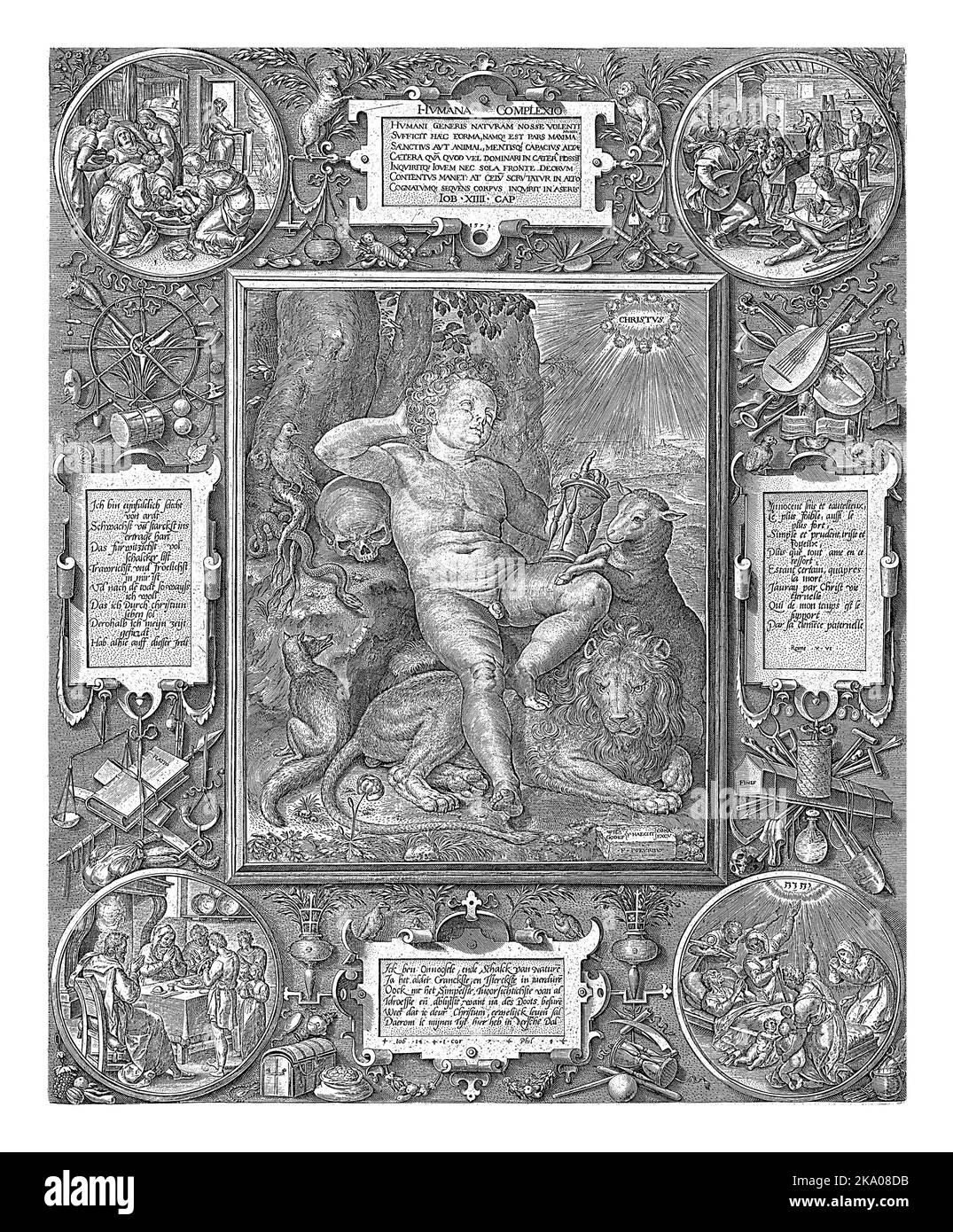 Allegorie auf die Komplexität des Menschen, Johannes Wierix, nach Frans Pourbus (II), nach Willem van Haecht (I), nach Godefried van Haecht, 1579 Landscape Stockfoto