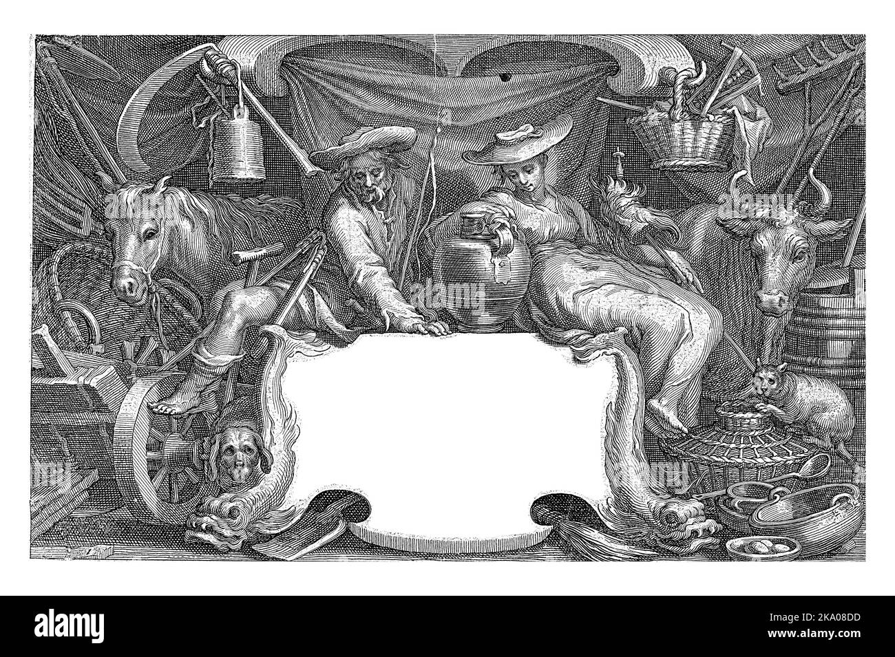 Bäuerin und Bäuerin zwischen landwirtschaftlichen Geräten und Pferd und Kuh als Rahmen für eine Kartusche mit Vers Stockfoto