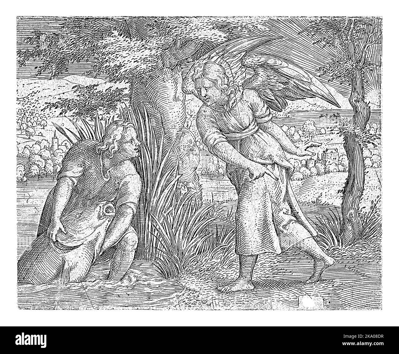 Tobias zieht die Fische aus dem Tigris River und der Erzengel Raphael weist ihn an, Herz, Leber und Galle des Fisches auszuschneiden und zu bewahren. Stockfoto