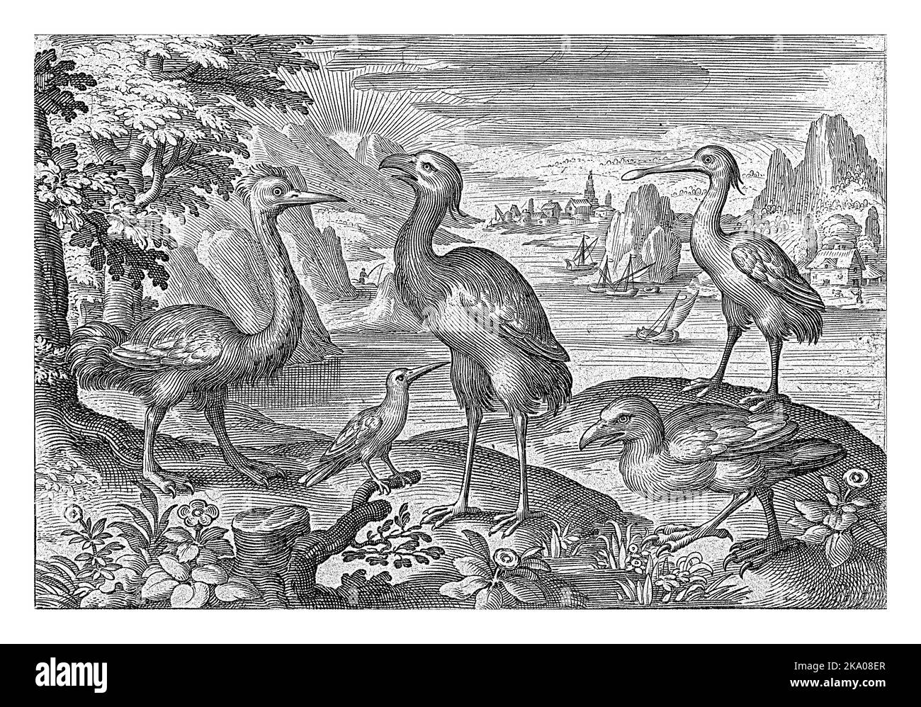 Gekrönter Kranich zwischen zwei Straußen, Nicolaes de Bruyn, 1594, Jahrgang graviert. Stockfoto