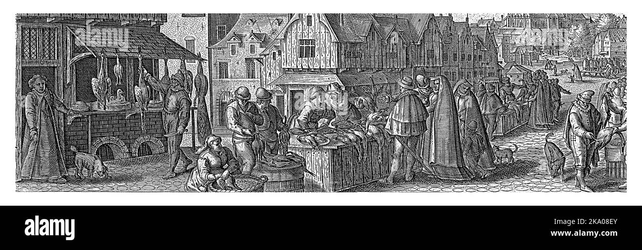 Straßenszene mit einem Vogelmarkt. Stadtbewohner kaufen Geflügel von Metzgern. Der Druck hat eine lateinische Beschriftung und ist Teil einer Serie von 54 Drucken. Stockfoto