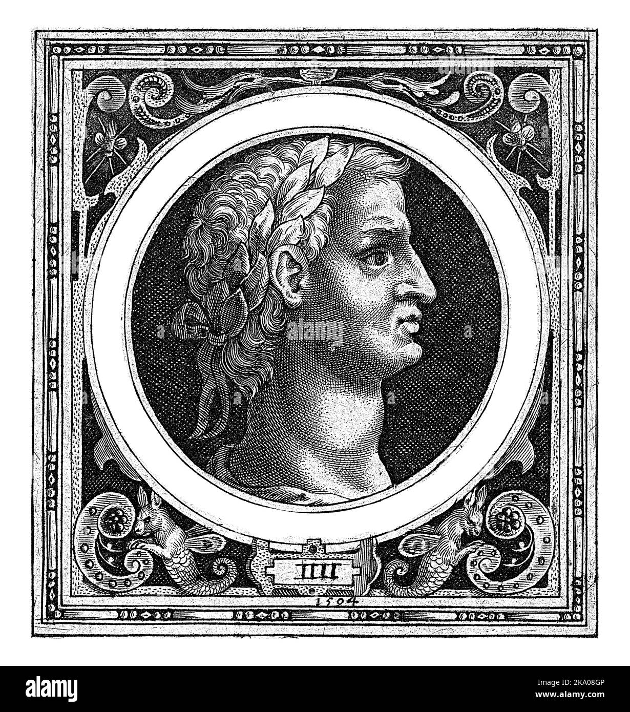 Porträt mit Büste des Imperators Germanicus auf Medaillon im rechteckigen Rahmen mit Ornamenten. Am Rand des Medaillons Titel und Name des Imperators. Stockfoto