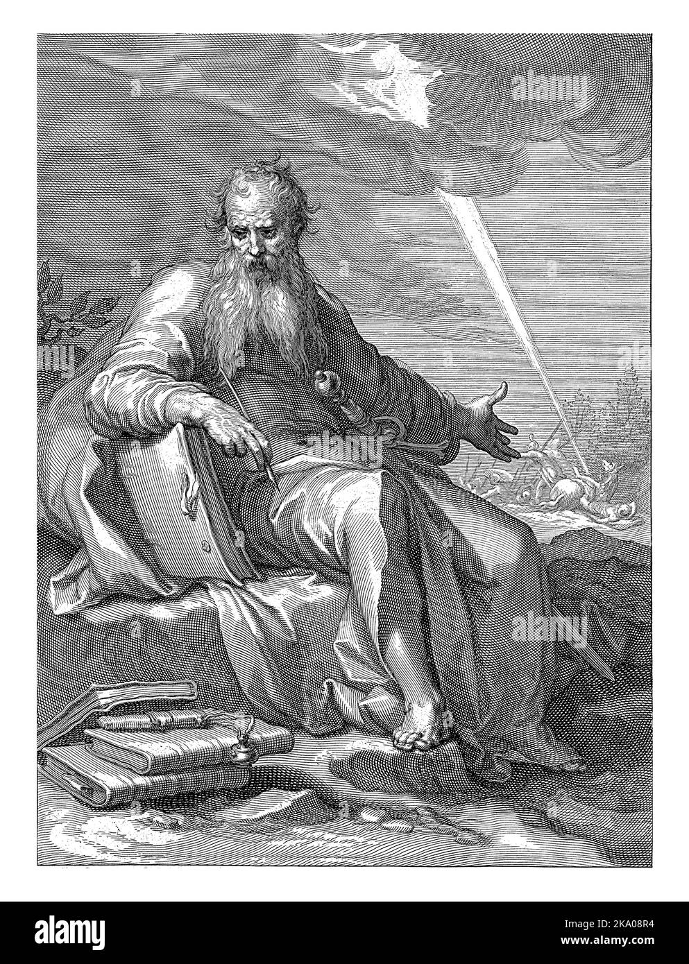 Büßer H. Paulus, Willem Isaacsz. Van Swanenburg, nach Abraham Bloemaert, 1609 - 1611 Paul sitzt in einer Landschaft. Er lehnt sich an ein Buch und ho Stockfoto