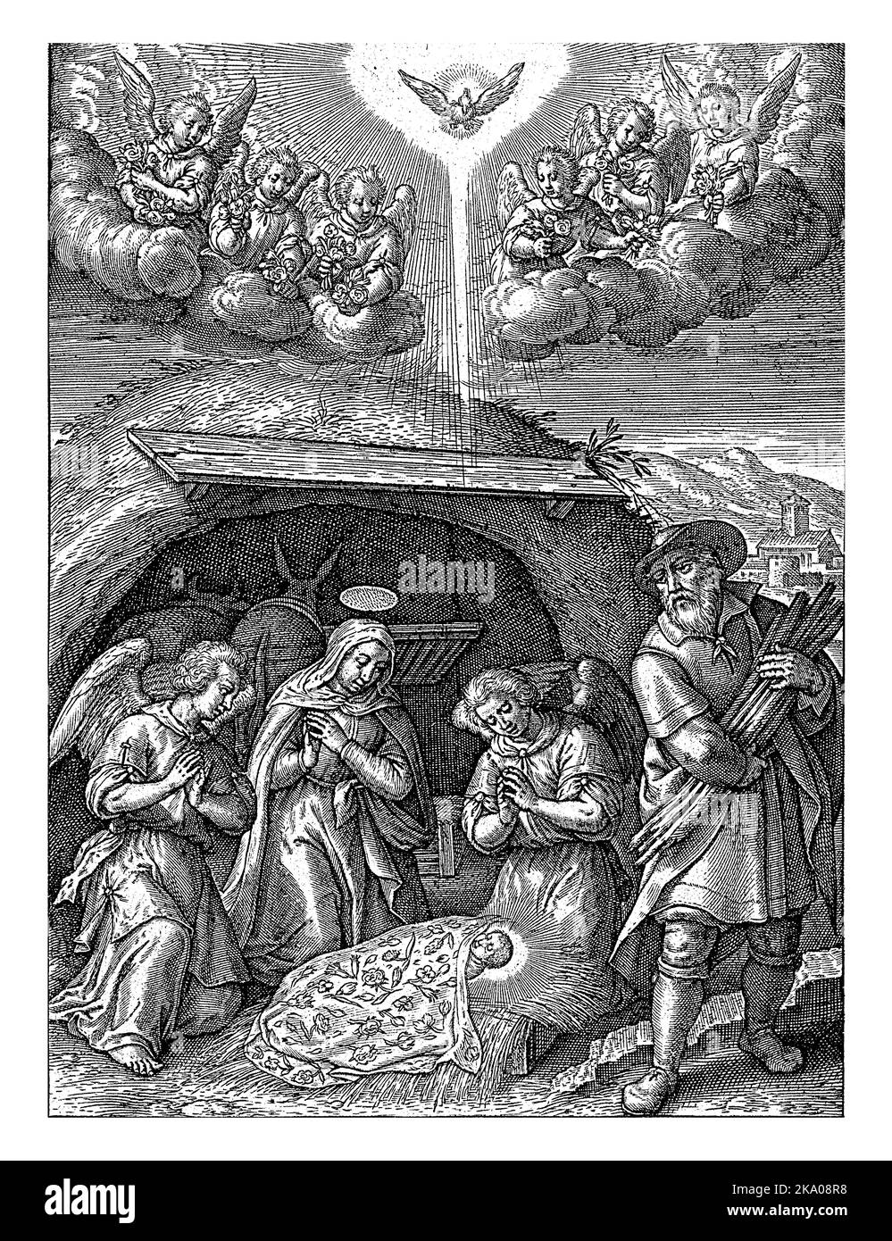 Anbetung des Christkindes durch Maria und zwei Engel, Hieronymus Wierix, 1563 - vor 1619 kniet Maria im Stall von Bethlehem zusammen mit zwei Stockfoto