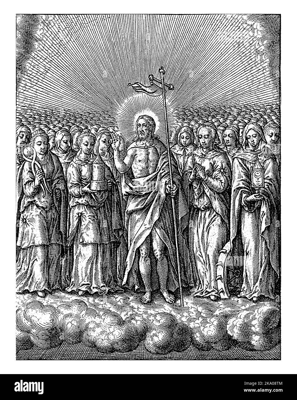 Tugend of Heaven, Hieronymus Wierix, 1563 - vor 1619 der auferstandene Christus im Himmel, begleitet von einer großen Anzahl von weiblichen Heiligen. Am Rand ein tw Stockfoto