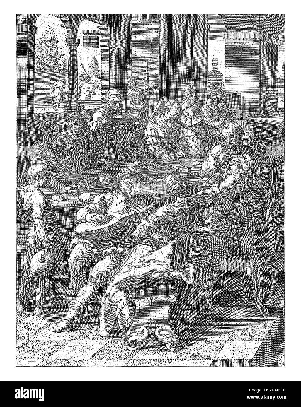 Herren und Kurtisanen an einem Tisch, an dem die Menschen essen, trinken und Musik machen. Im Hintergrund wird der verlorene Sohn weggeschickt, nachdem er al verbracht hat Stockfoto