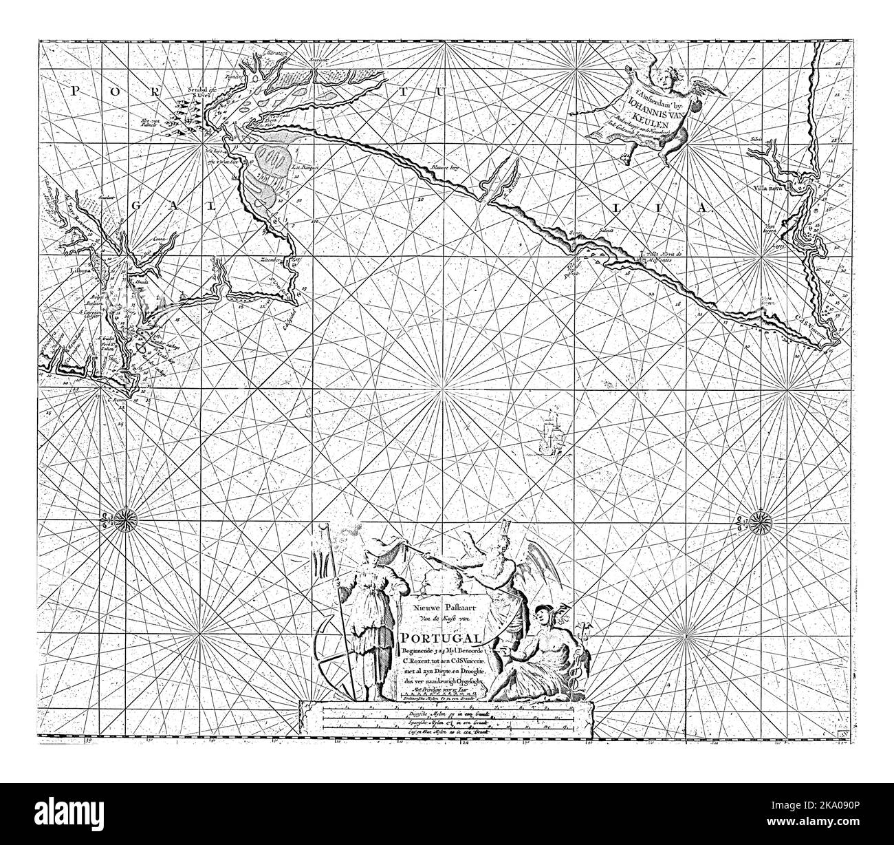 Seekarte eines Teils der Küste Portugals, Jan Luyken, 1681 - 1803 Seekarte eines Teils der Küste Portugals vom Kap St. Vincent bis zur Mündung des t Stockfoto