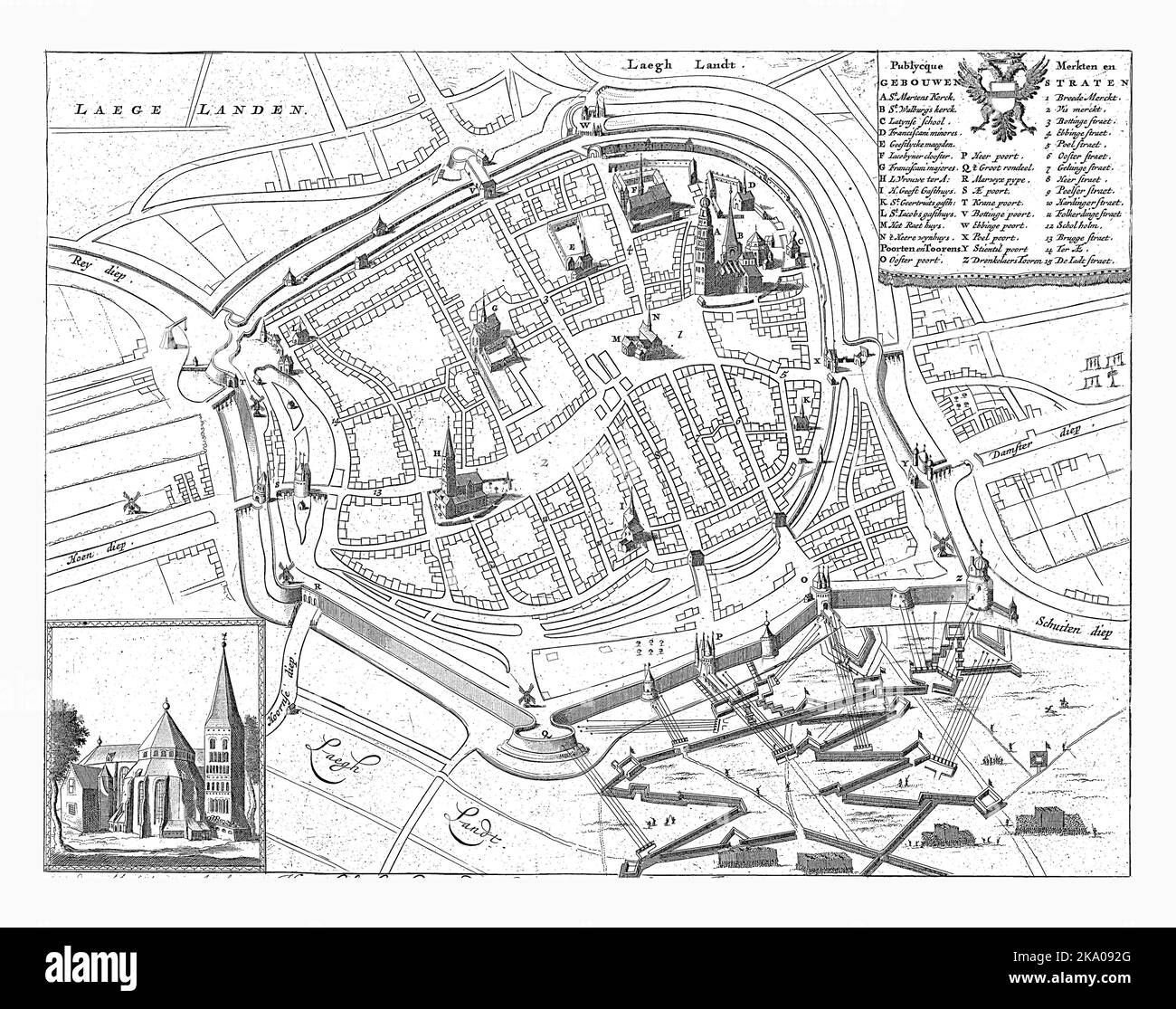 Karte der Stadt Groningen während der Belagerung von 1594, Jan Luyken, 1681 Vogelperspektive von Groningen während der Belagerung durch die Staatsarmee unter Maurits Stockfoto