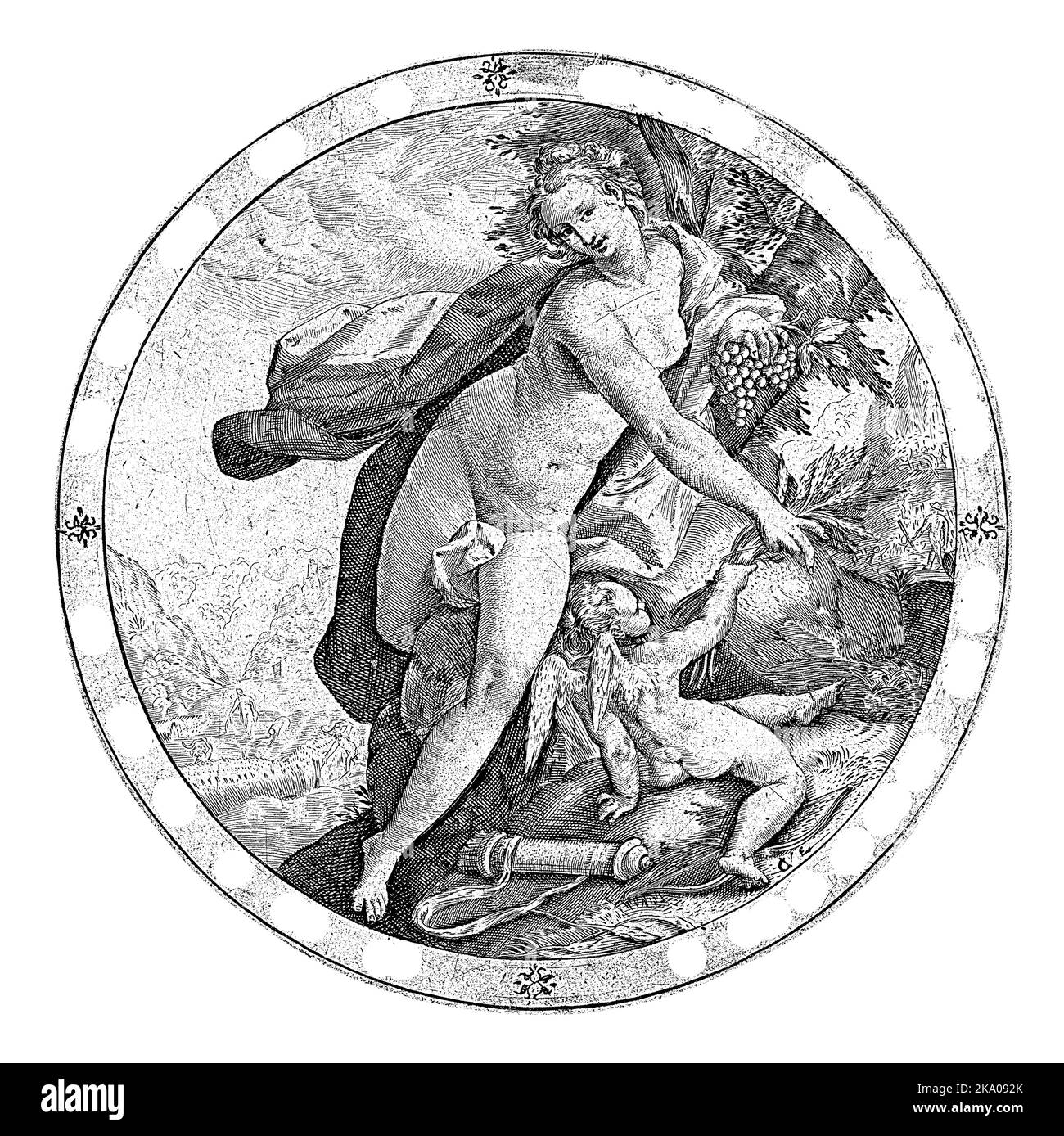 Venus und Amor, Zacharias Dolendo (möglicherweise), nach Hendrick Goltzius, nach 1590 Runde Darstellung von Venus und Amor durch einen Baum. Venus hat einen Bund Stockfoto