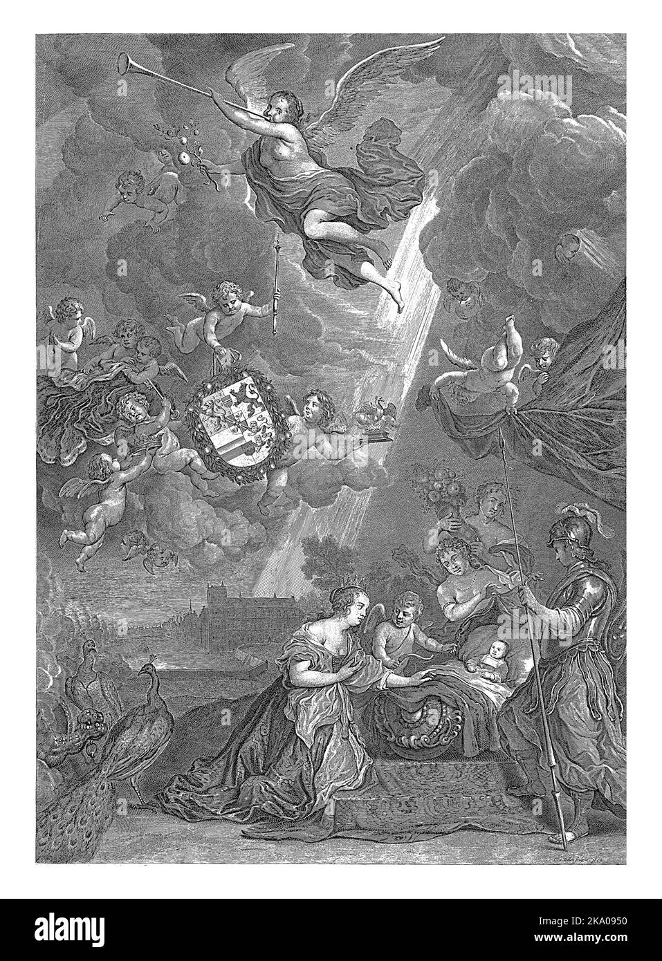 Allegorie auf die Geburt von Prinz Wilhelm III., 14. November 1650. Minerva, Juno und Amor und Flora stehen und knien mit dem Kind um die Wiege. Stockfoto