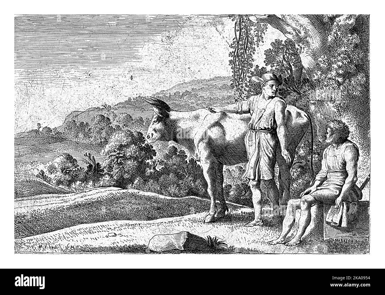 Merkur zeigt auf die Kuh IO und schaut auf Argus, der auf einem Steinblock sitzt. Szene aus Ovids Metamorphosen (Met. I, 679-688). Stockfoto