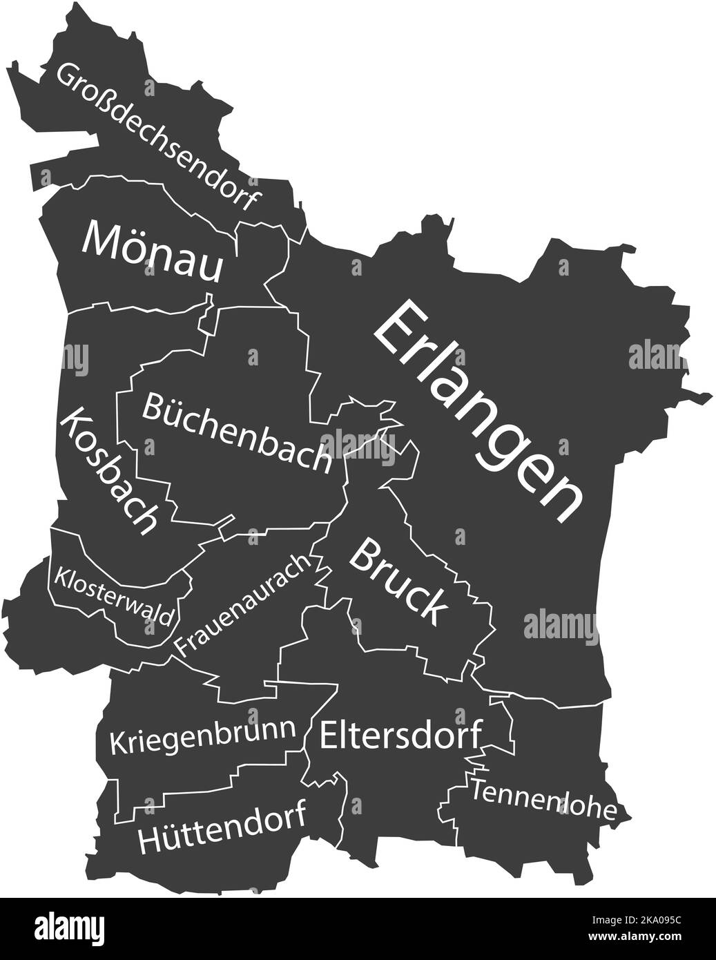 Dunkelgrau getaggte Bezirkskarte von ERLANGEN, DEUTSCHLAND Stock Vektor