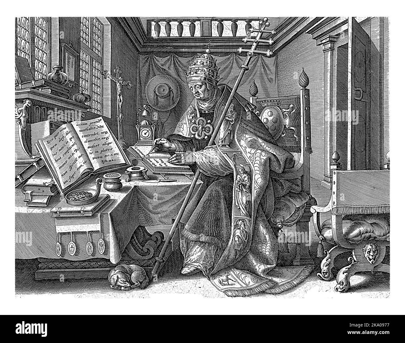 Kirche Vater Gregor der große, Antonie Wierix (II), nach Maerten de Vos, 1585 der hl. Gregor der große sitzt auf seinem Gestüt an einem Tisch voller Bücher Stockfoto