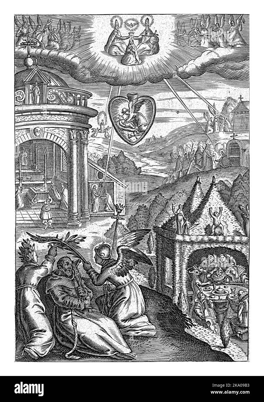 Der heilige Franz von Assisi wird mit Palmenzweigen verehrt. Der Mensch muss seinem Beispiel folgen und in Tugend leben, um den Frieden des Herzens zu kennen und verehrt zu werden Stockfoto