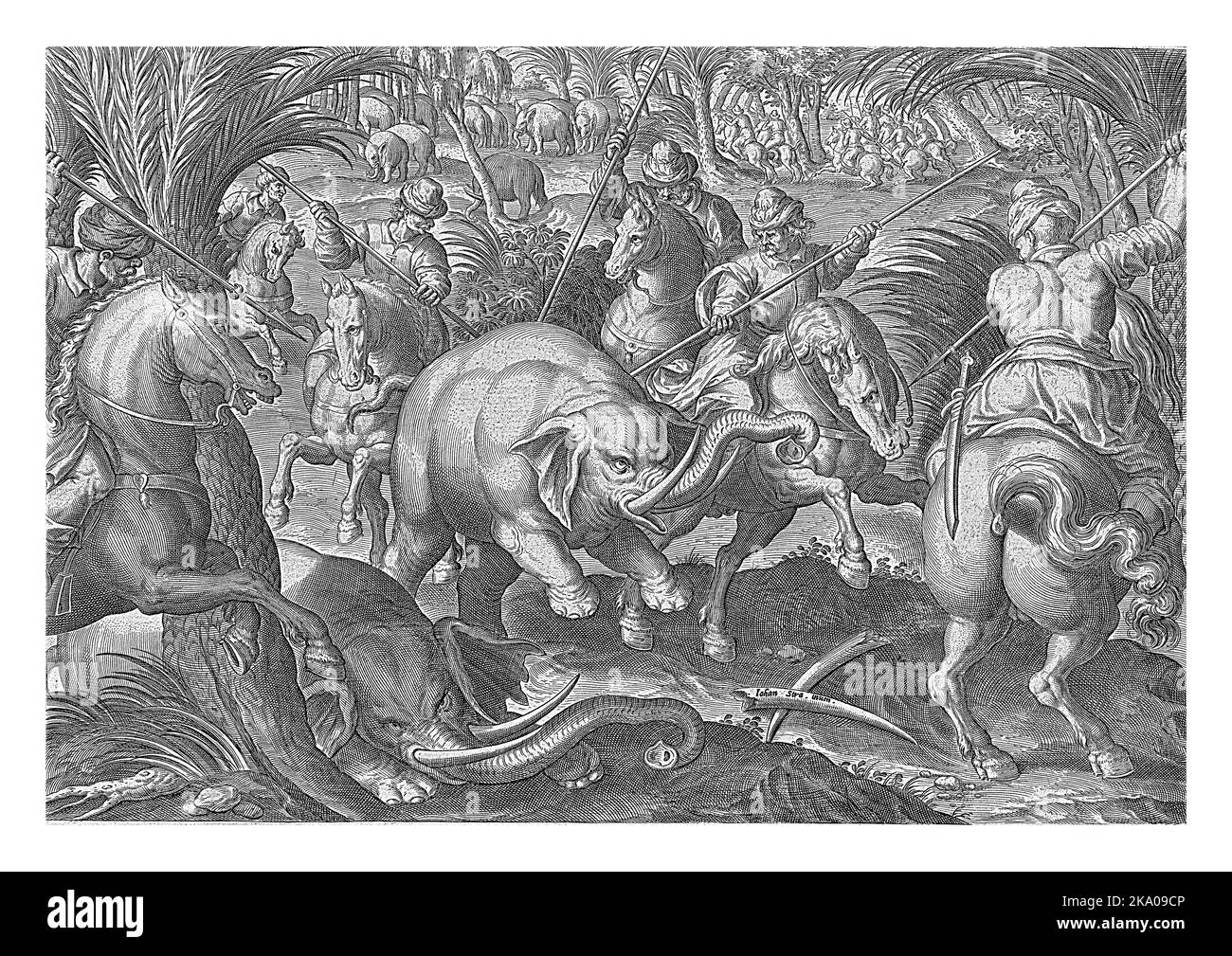 Im Vordergrund wird ein Elefant von fünf Reitern mit Speeren angegriffen. Im Hintergrund eine Herde Elefanten unter Palmen und eine Gruppe Jäger Stockfoto