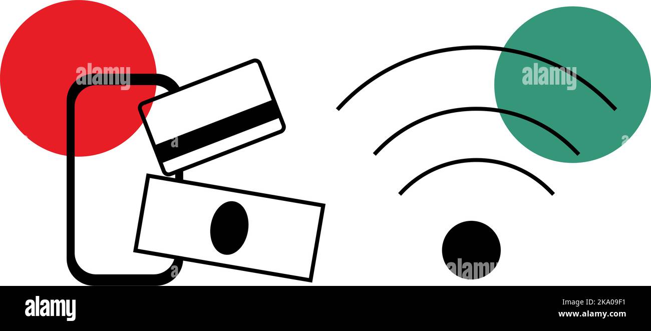 Set aus zwei Elementen wie Symbolen von wi-Fi und Telefon mit einem abstrakten Bild von Geld und einer Zahlungskarte. Aufkleber. Isolieren. Gut für Dienstleistungen und Unternehmen, Cafés, Bars und Restaurants. Vektor. EPS Stock Vektor