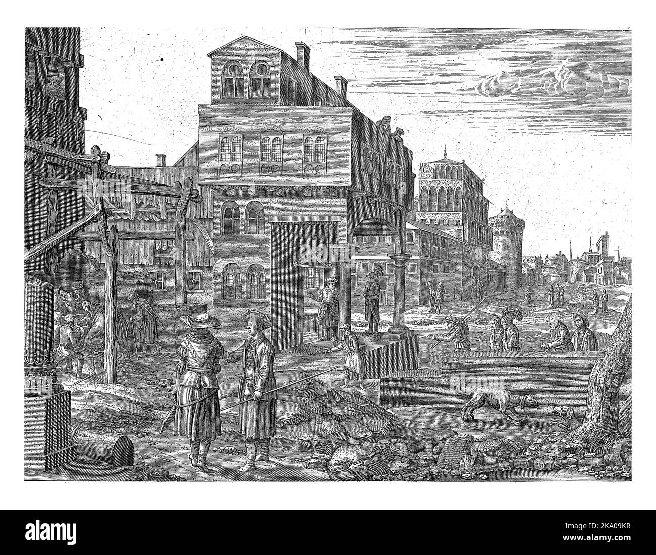 Stadtbild mit antiken Gebäuden in einer unbefestigten Straße. Auf der linken Seite, in einem offenen Holzstall, die Heilige Familie mit dem neugeborenen Christkind Stockfoto