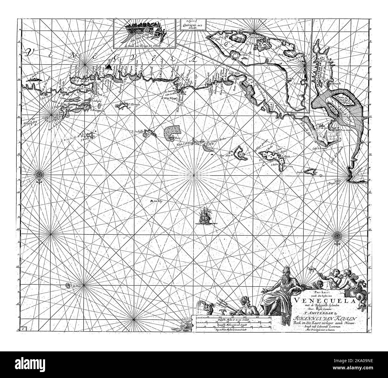 Passkarte der Küste Venezuelas mit den Leeward-Inseln, mit Einlegekarten der Straßenstatt Tortuga und einer Karte von Curacao. Stockfoto