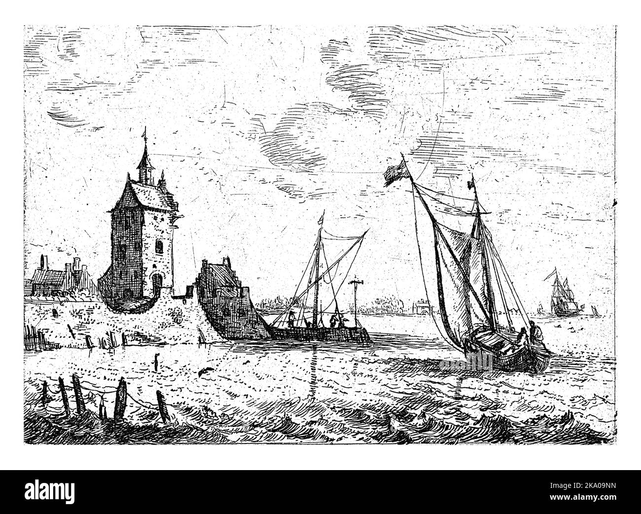 Hafenansicht mit Wachturm, Bonaventura Peeters (I), 1624 - 1652 Stockfoto
