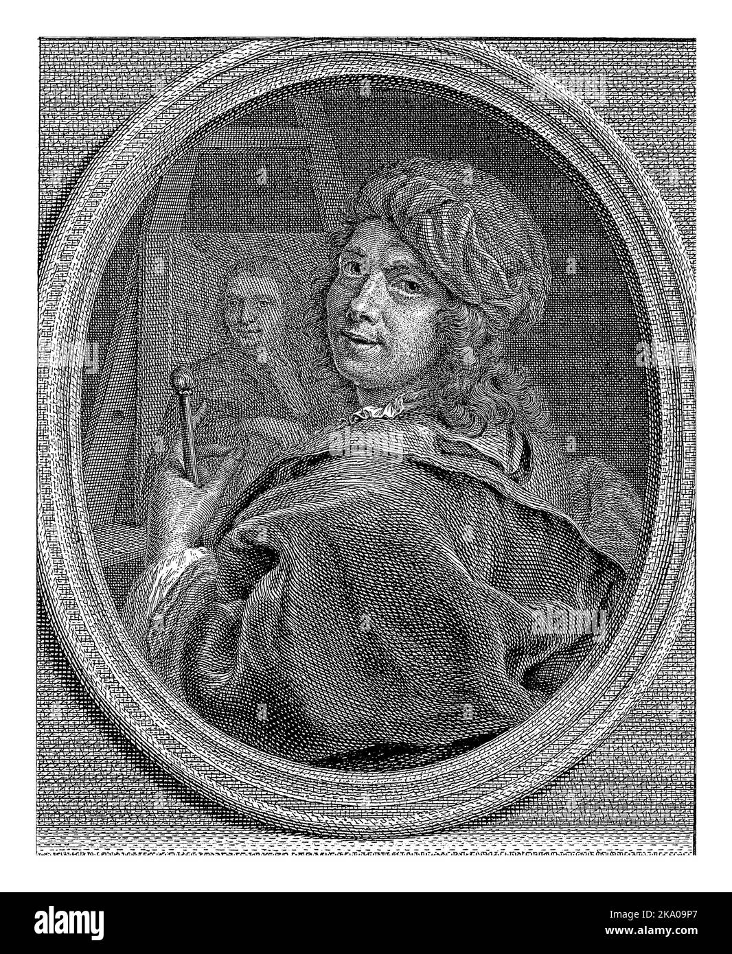 Porträt des Malers Jan Abel Wassenbergh, der über seine Schulter blickt und neben einem von ihm gemalten Porträt steht. In der Hand hält er ein Gemälde Stockfoto